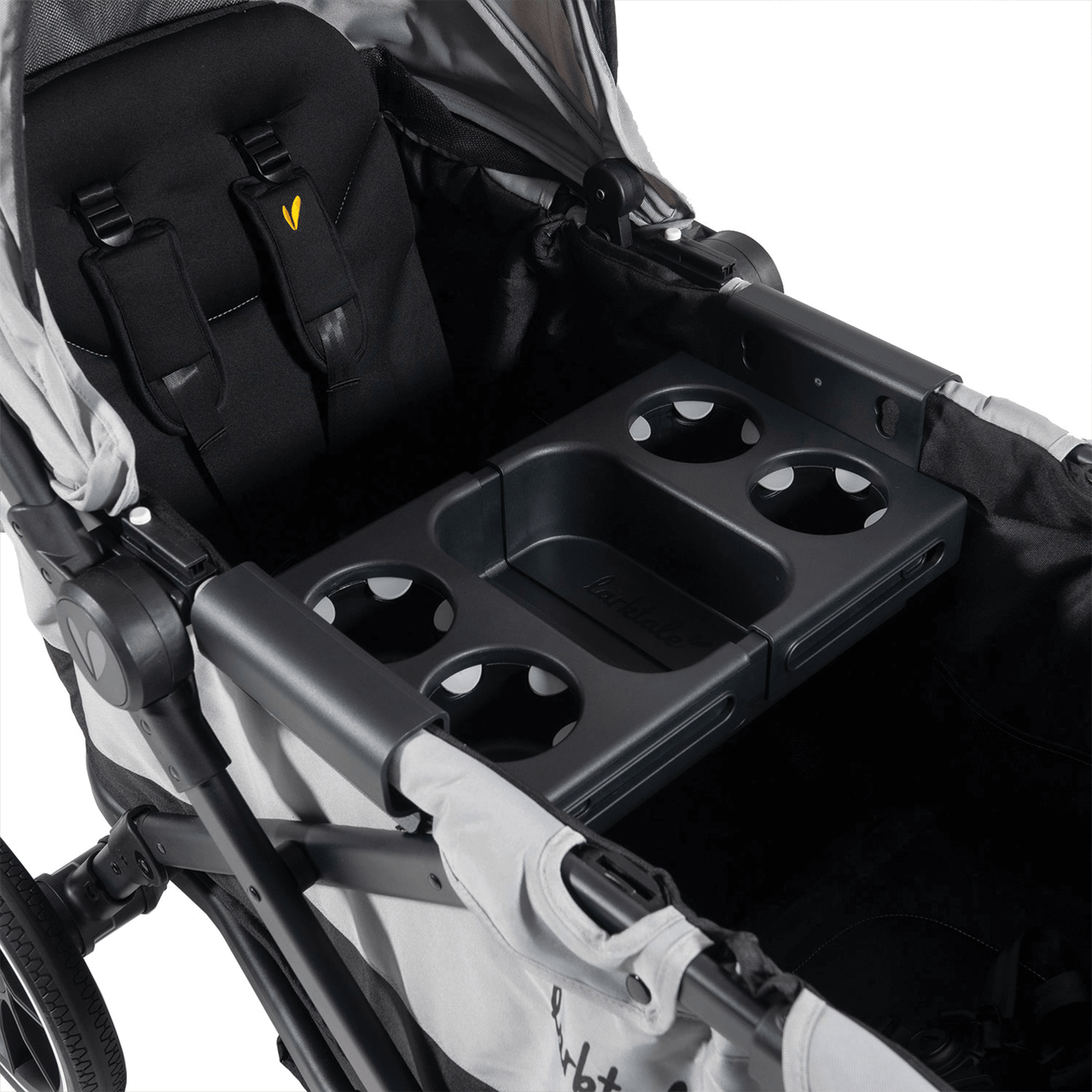 grey two seat wagon with Universal Snack Tray narrow tray and four cup holders
