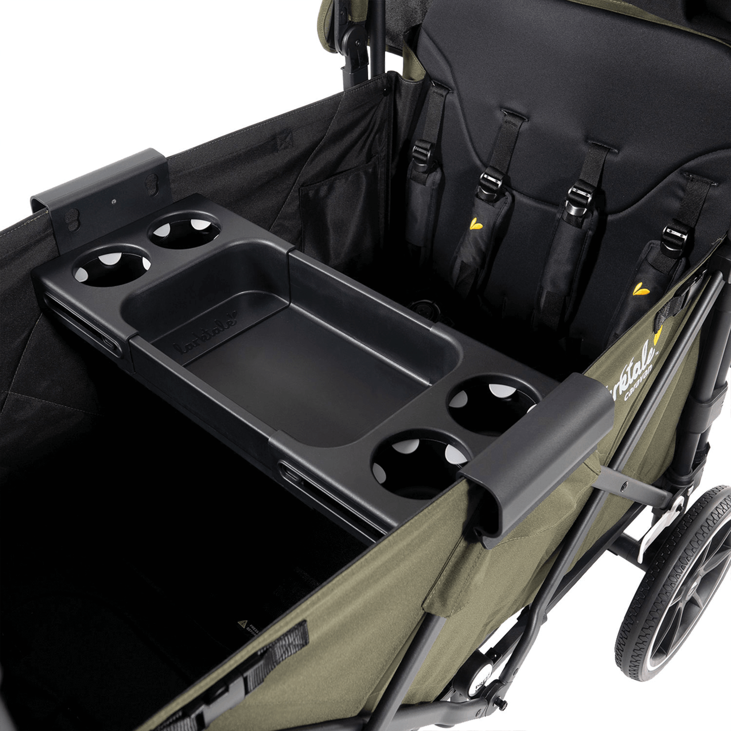 green four seater wagon with the Larktale Universal Snack Tray expanded with cup holders and tray