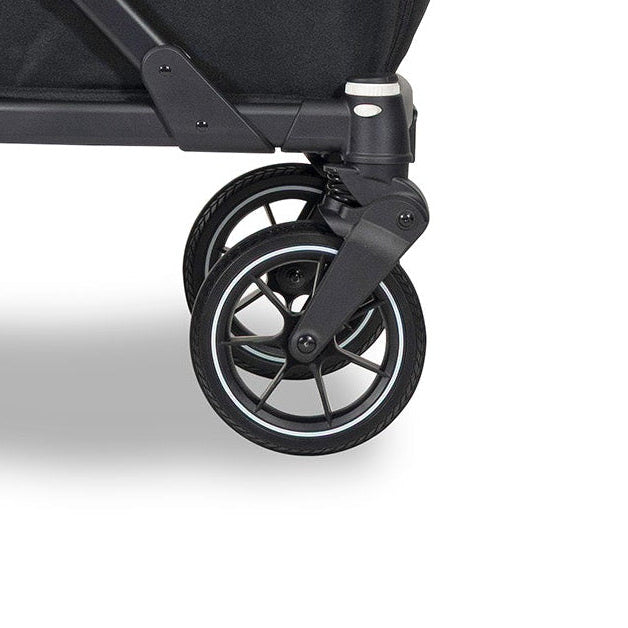 Black stroller with canopy on a white background