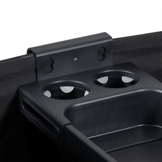 two grip cup holders for childrens drinks in snack tray on black stroller wagon