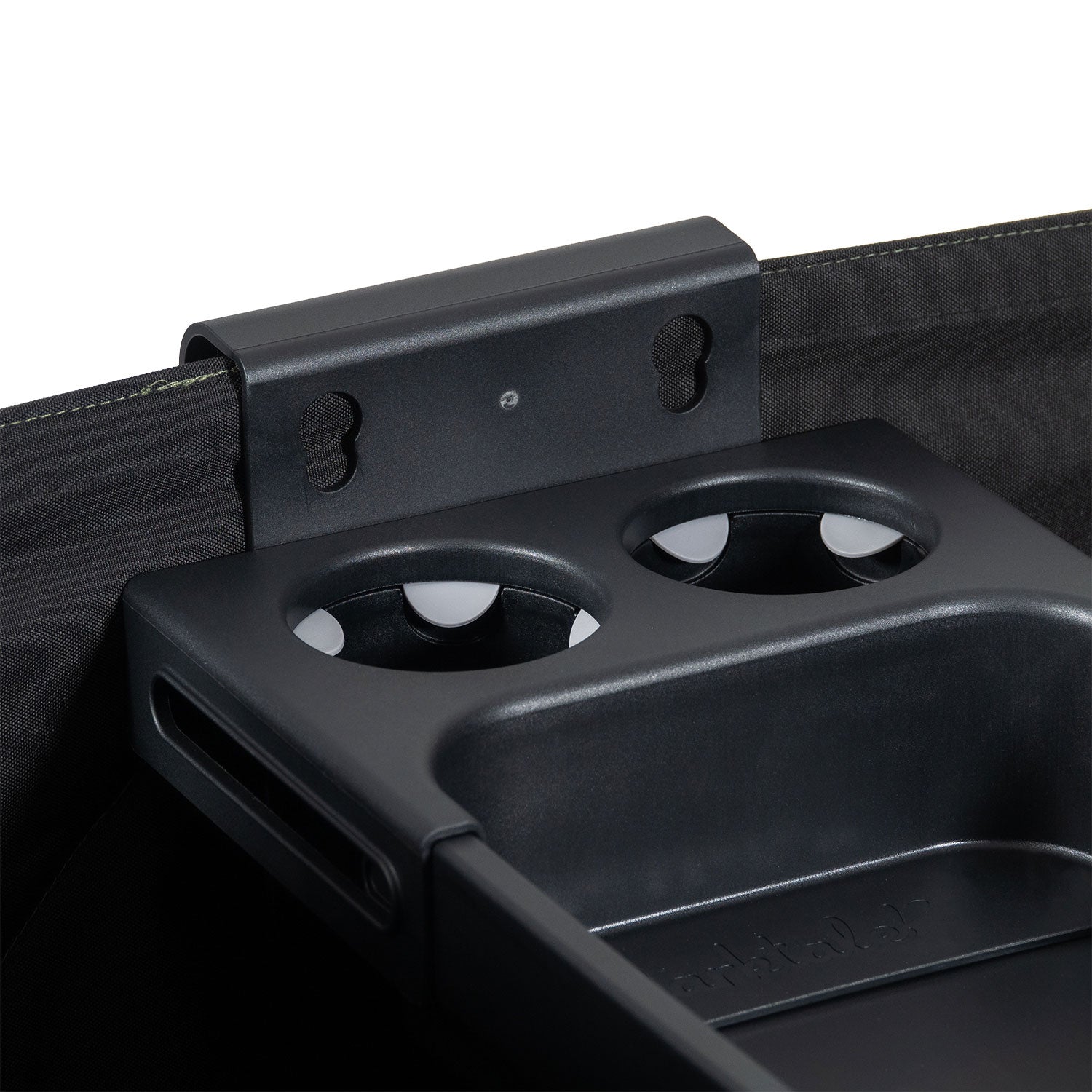 two drink grip holders next to height adjustable clips on the universal snack tray