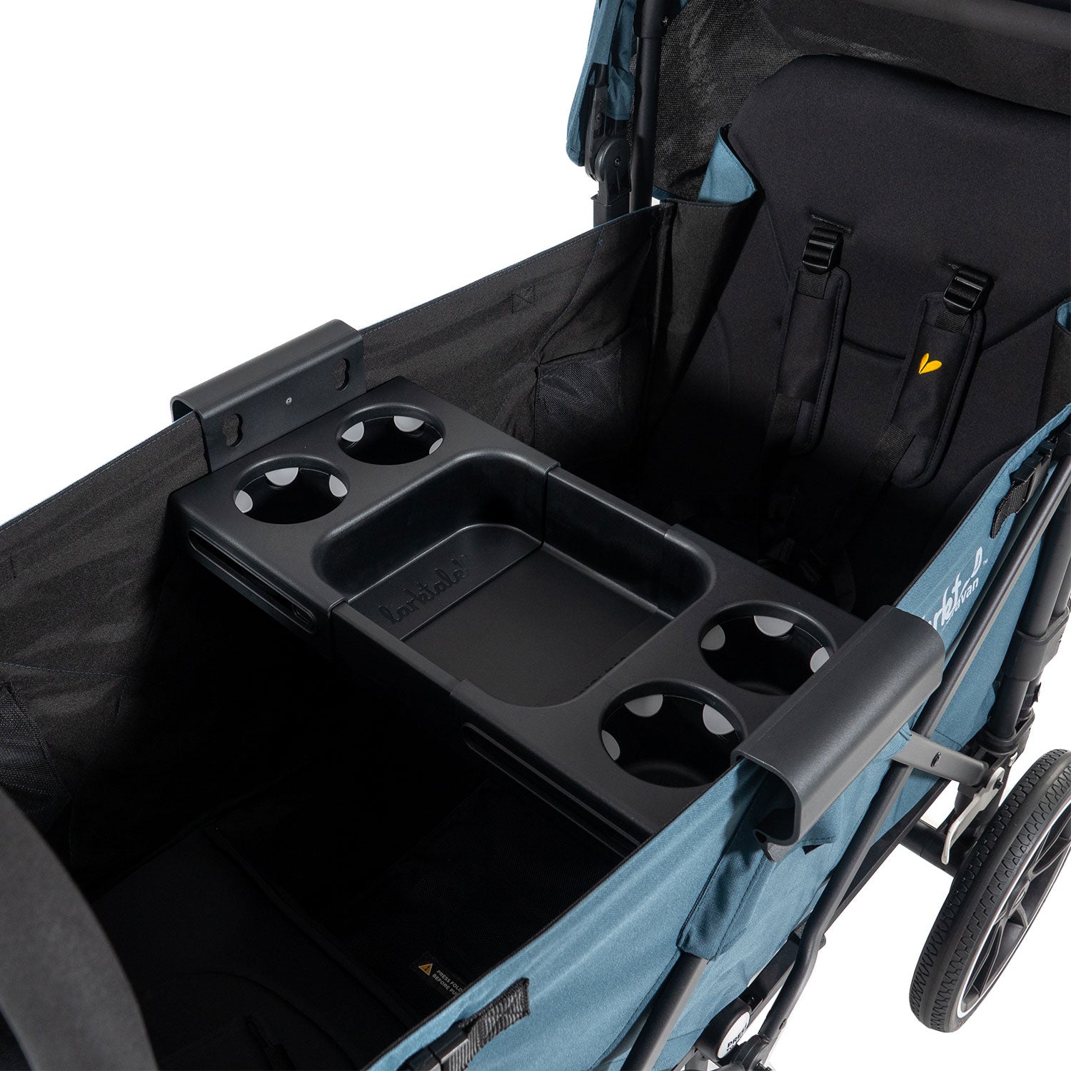 snack tray featured on a blue two seater stroller wagon with an X frame 