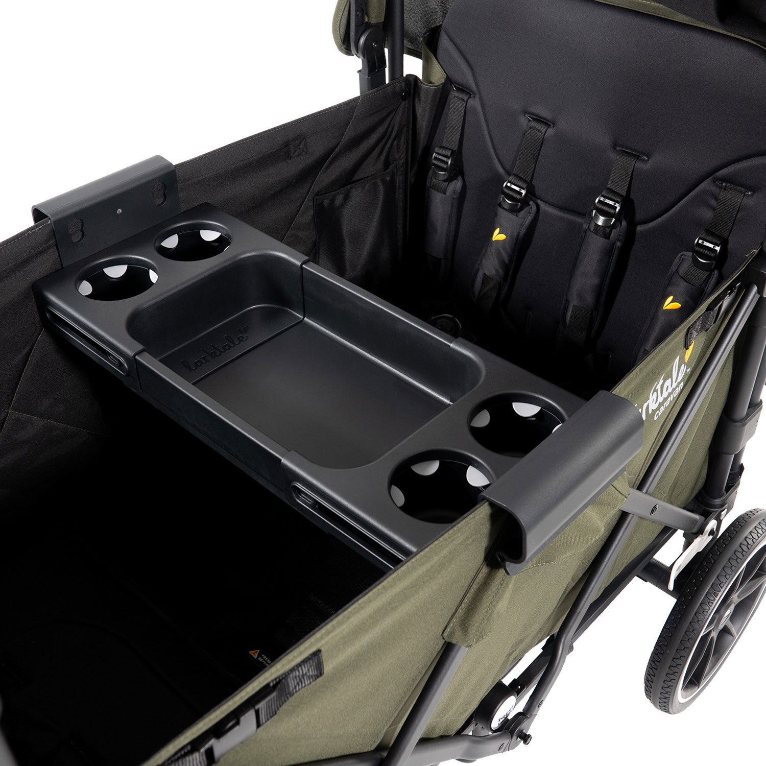 four seater green stroller wagon featuring a height adjustable snack tray with cup holders