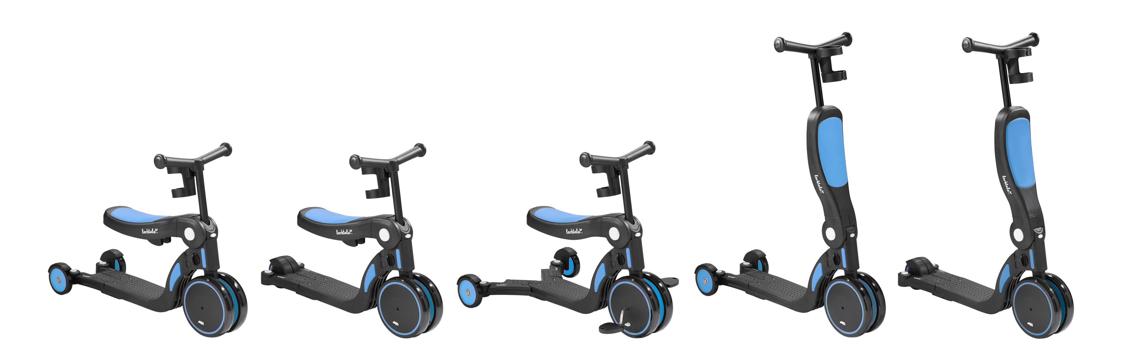 five blue larktale scoobi modes showcasing the balance bike with wheels extended, tricycle with pedals scooter with wheels out for balance and kids scooter