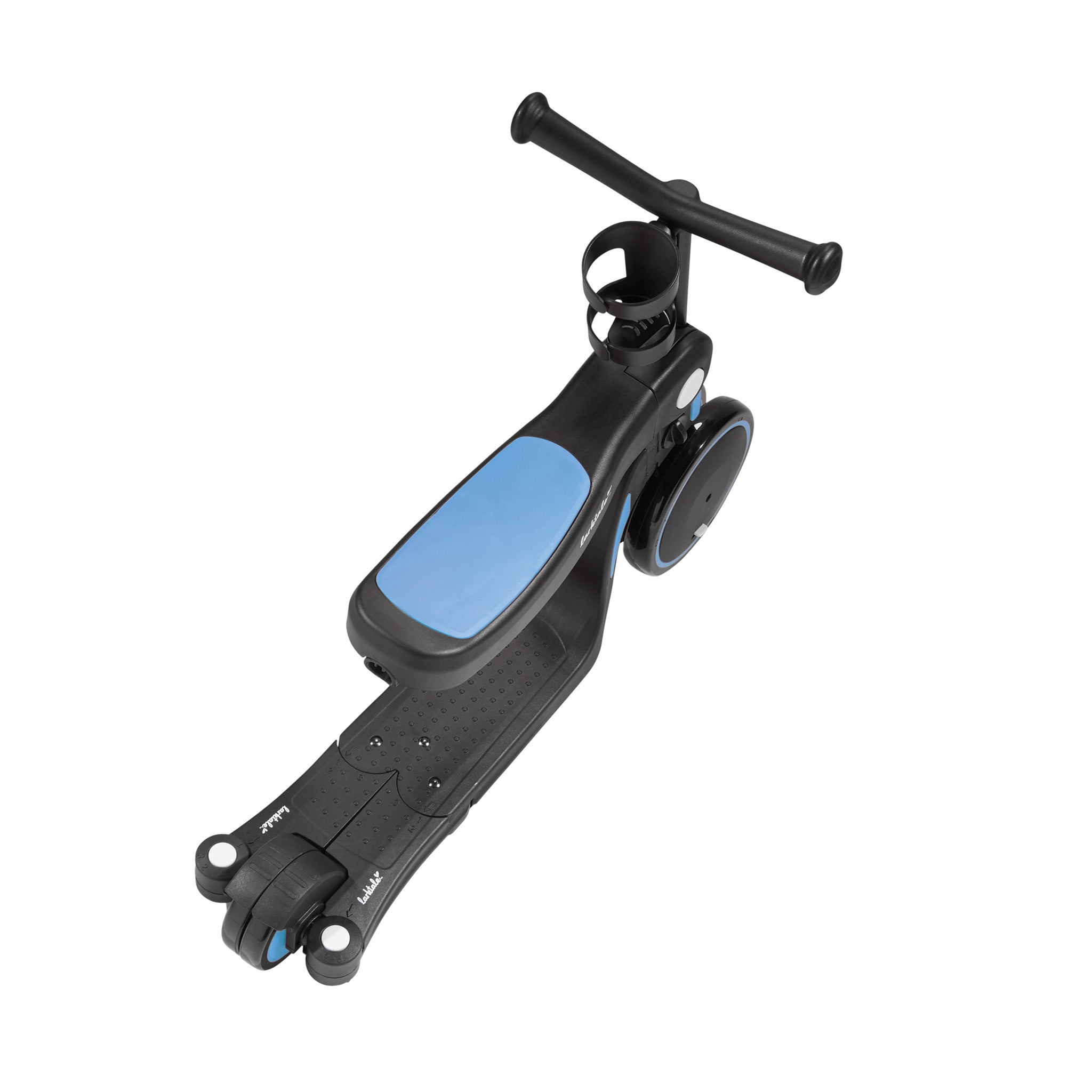 blue balance bike with cup holder birds eye view