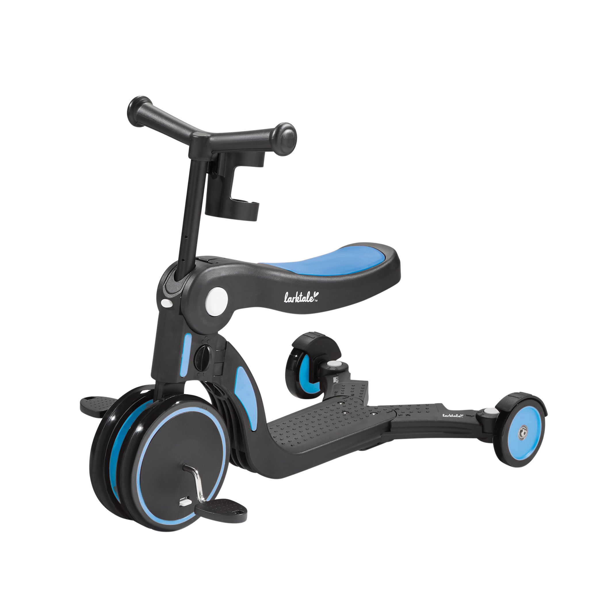 blue tricycle with pedals seat and three wheels side view  