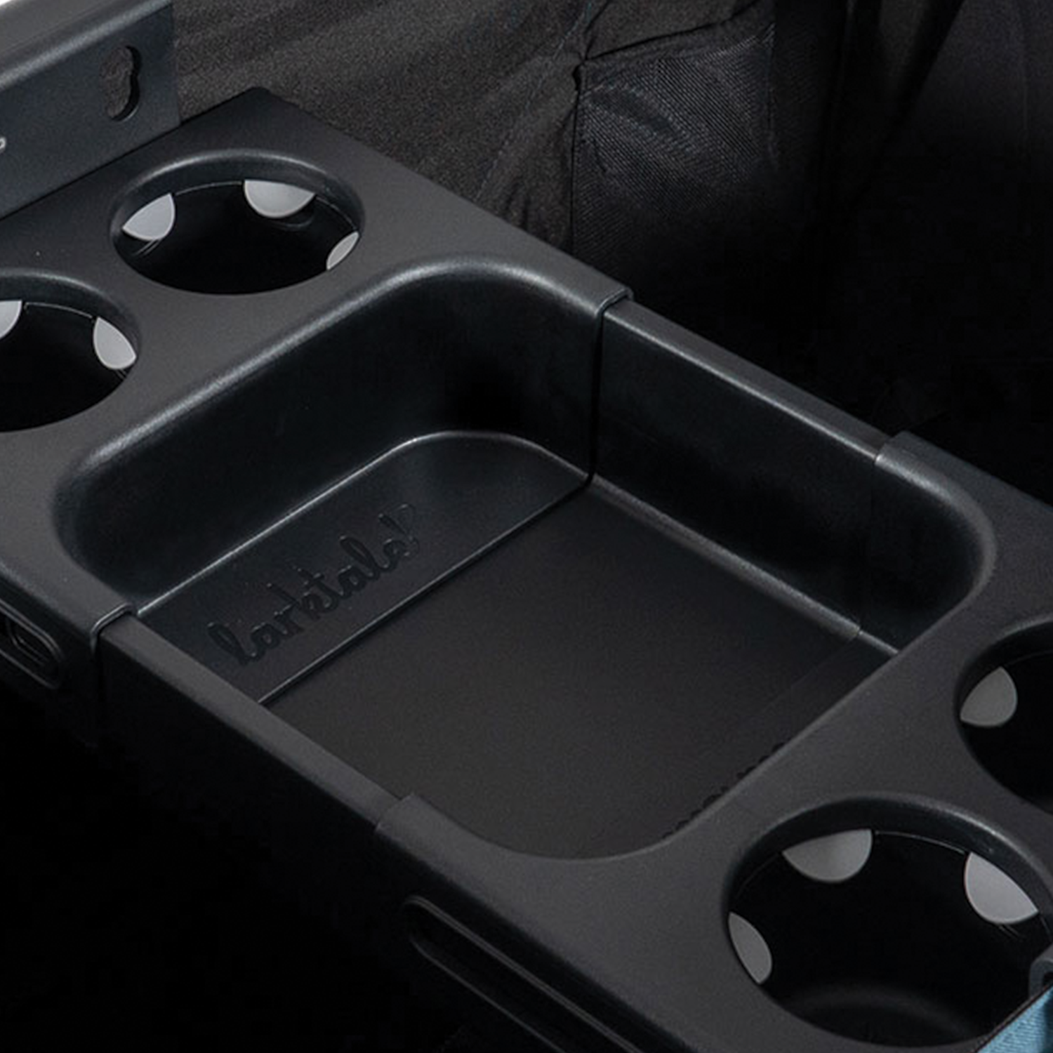 snack tray with cup holders with centre compartment fitted into a stroller wagon